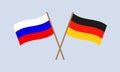 Russia and Germany crossed flags on stick. Russian and German national symbol. Vector illustration